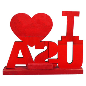 Red decorative text display reading ’I ❤️ A2U’ on a stand.