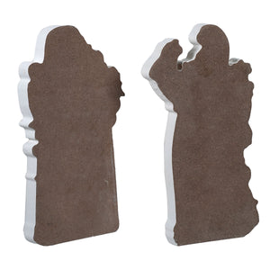 Brown and white wood engraved jolly santa standing blocks set featuring tower and person cutout figures