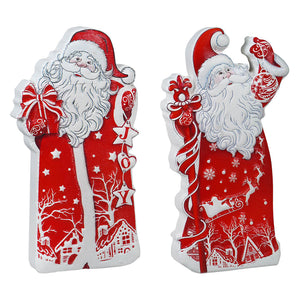Red and white wood engraved jolly santa standing blocks with festive holiday designs decorative figures set of 2