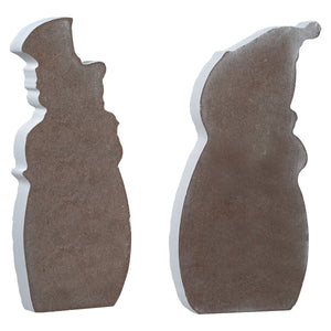 Two brown wood engraved jolly snowman standing blocks with white painted outlines in textured wooden cutouts