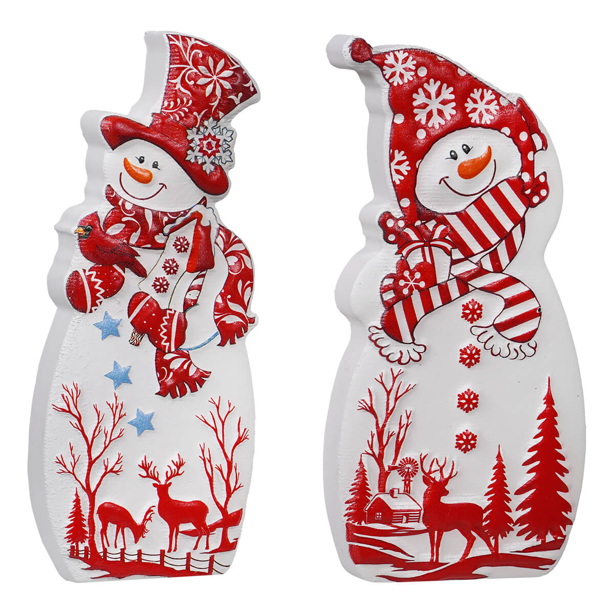 Two festive red and white wood engraved jolly snowman standing blocks with detailed holiday patterns and striped scarves