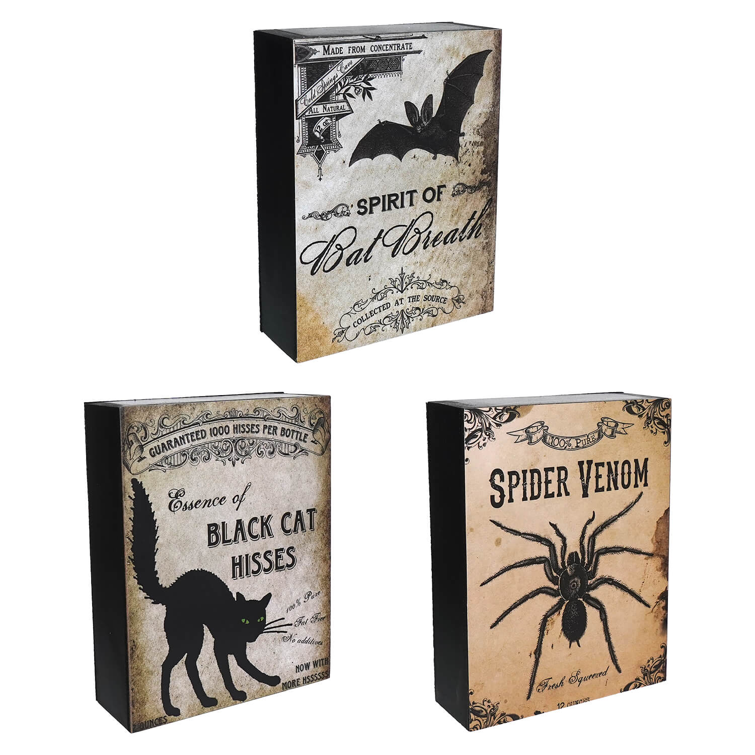 Three decorative Halloween-themed book-shaped boxes with vintage-style labels featuring a bat, black cat, and spider.