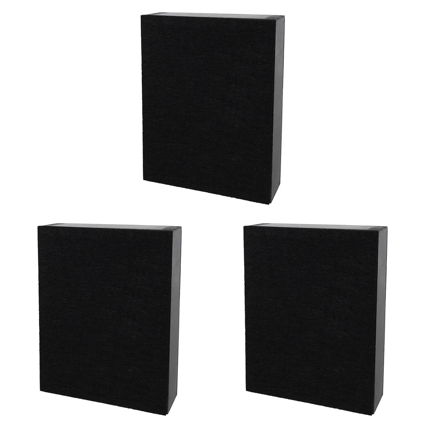 Three black rectangular speaker-like boxes or audio equipment units.