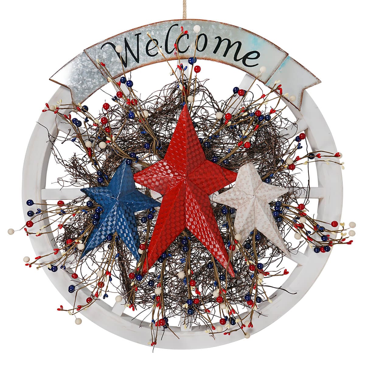 Wood Wall Sign With Americana Wreath & Metal Stars