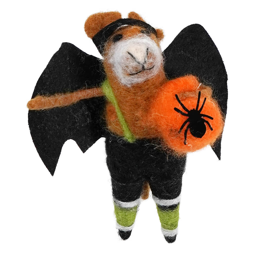 Felt bat costume trick-or-treat brown mouse holding a pumpkin with wool felt bat wings