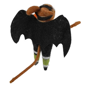 A handmade wool felt bat costume trick-or-treat brown mouse with black wings green-striped legs and black mask