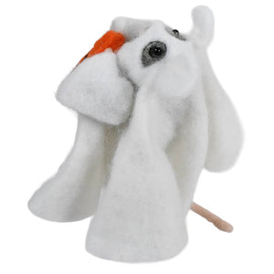 White felt mouse toy with black button eyes and orange carrot perfect for felt ghost costume trick treat white mouse