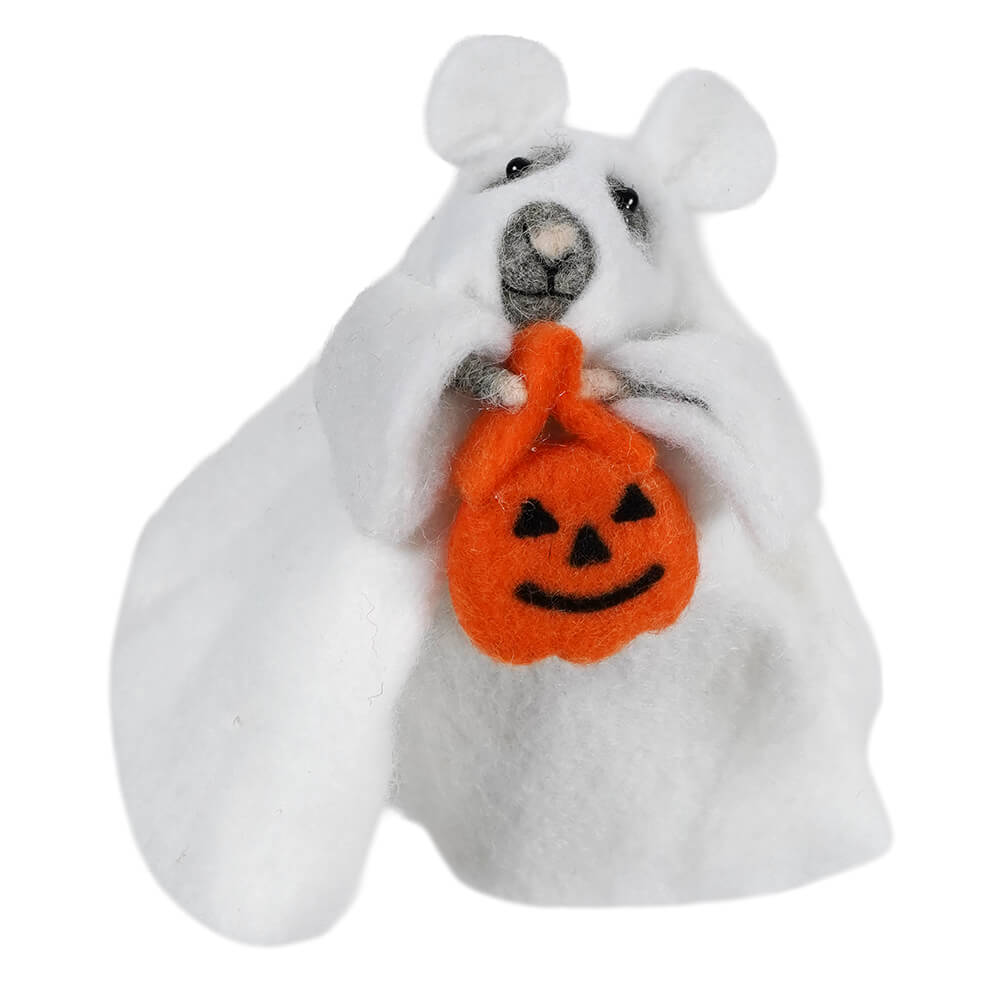 Felt ghost costume trick treat white mouse made of wool felt holding a small pumpkin for halloween fun