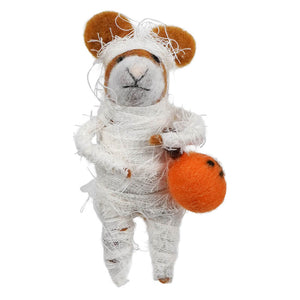 Brown wool felt mummy costume trick-or-treat mouse with pumpkin in a felt mummy costume for halloween fun
