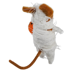 A brown plush mouse in a wool felt mummy costume wrapped in white yarn perfect for trick or treat fun