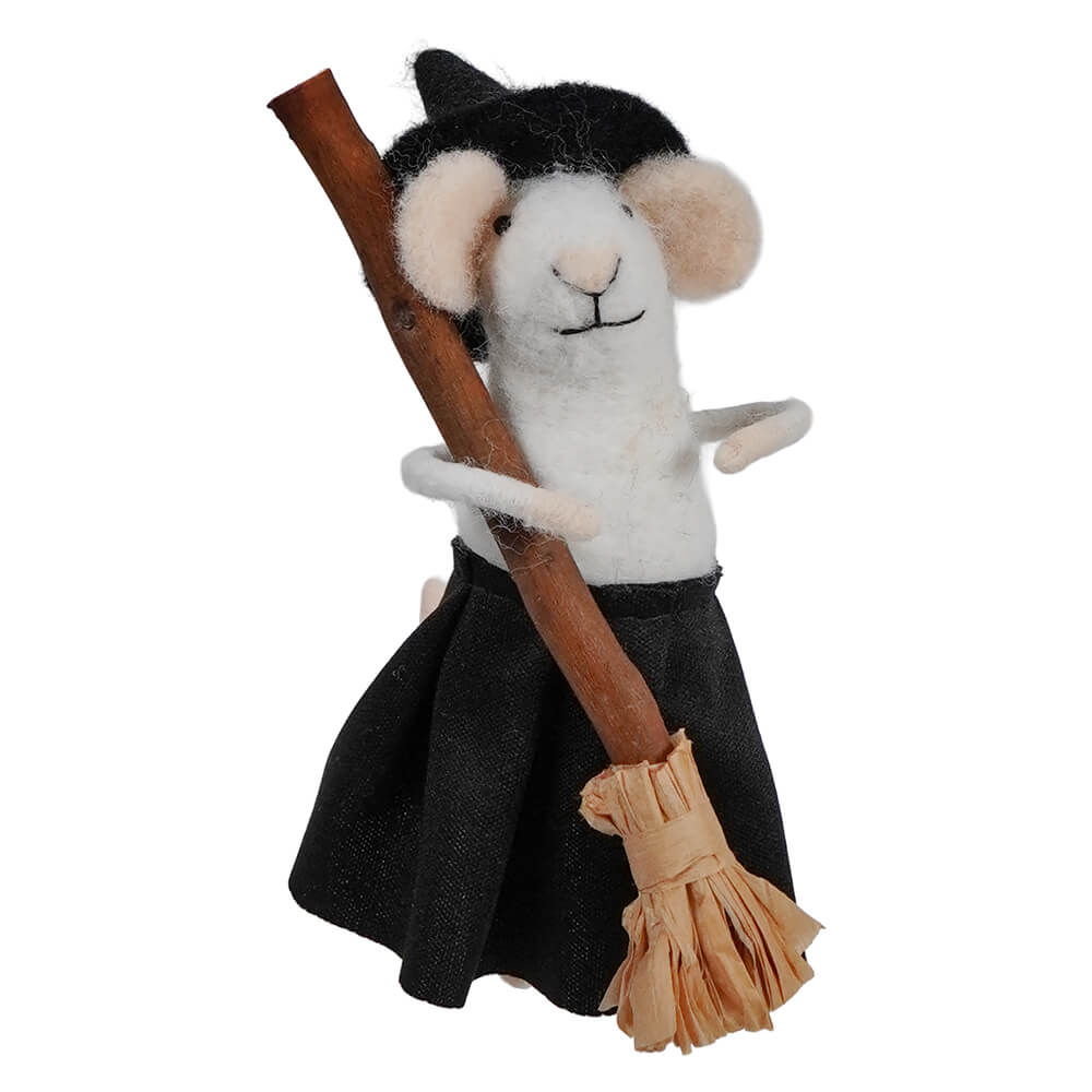 Stuffed wool felt mouse wearing a halloween witches costume holding a broom for spooky decor or trick or treat