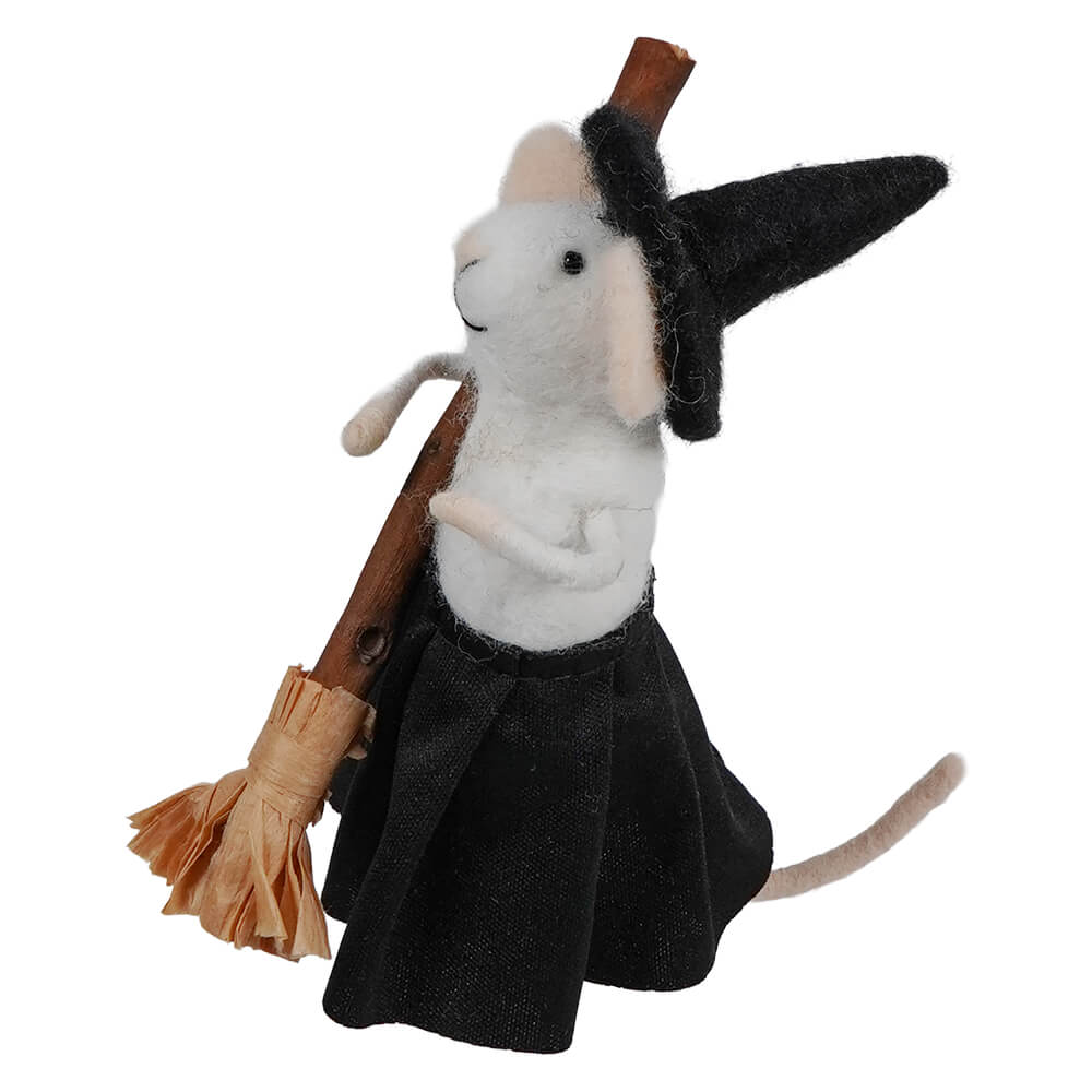 White felt mouse dressed in a black felt witch costume holding a wooden broom perfect for halloween witches decor