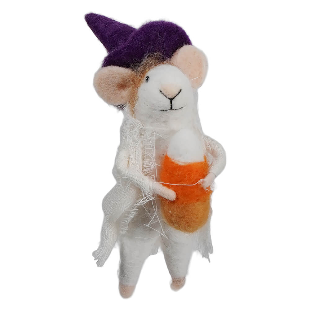 Felt mouse wearing black witch hat holding candy corn perfect for halloween witches in a felt witch costume