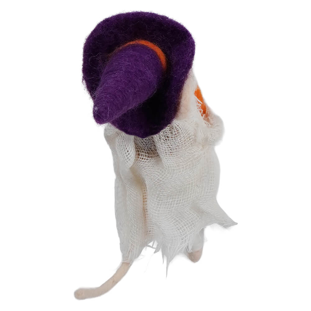 A plush mouse wearing a purple felt witch costume and white mesh holding candy corn perfect for halloween witches