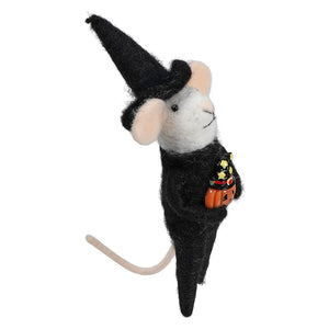 A whimsical wool felt witch mouse in a black felt witch costume holding an orange pumpkin for trick-or-treat