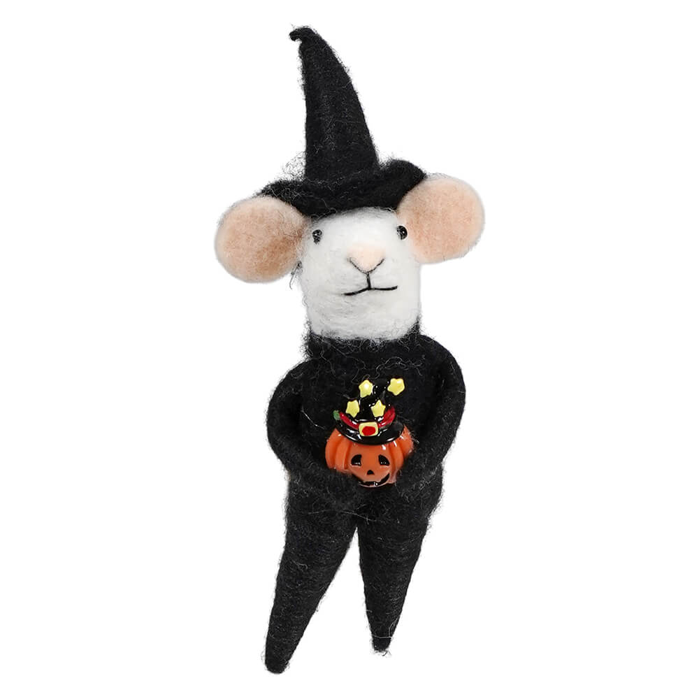 Felted mouse wearing a wool felt witch costume holding a jack-o-lantern for halloween witches decor