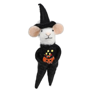 Felted mouse wearing a wool felt witch costume holding a jack-o-lantern for halloween witches decor