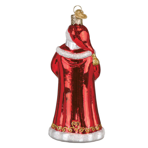 Red glass world peace santa ornament with gold trim and white fur-lined hood christmas glass ornament