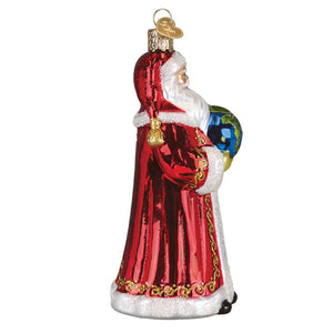 Red glass workshop santa ornament with gold trim white fur and blue globe christmas glass santa ornament
