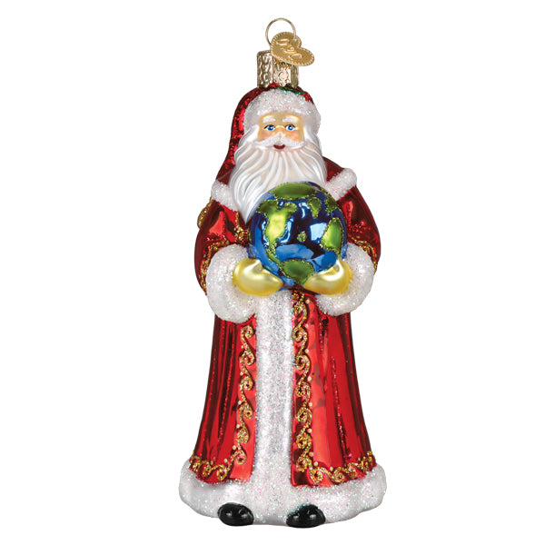 Red and gold christmas glass ornament featuring workshop santa ornament holding a globe for world peace theme