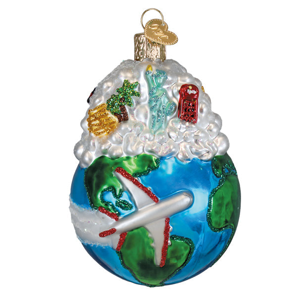 Glass globe world traveler ornament with blue green earth and travel decor is a unique world peace ornament