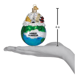 A 4-inch glass world traveler ornament with blue and green earth, white clouds, and miniature landmarks for world peace ornament fans