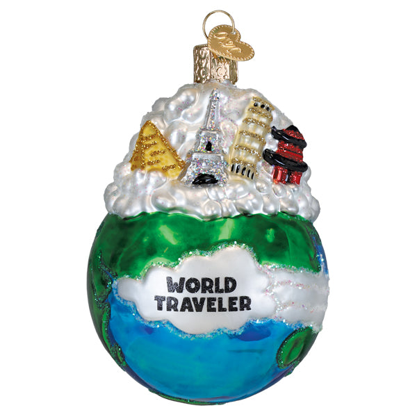 A glass world traveler ornament featuring a green and blue earth with miniature landmarks perfect as a world peace ornament