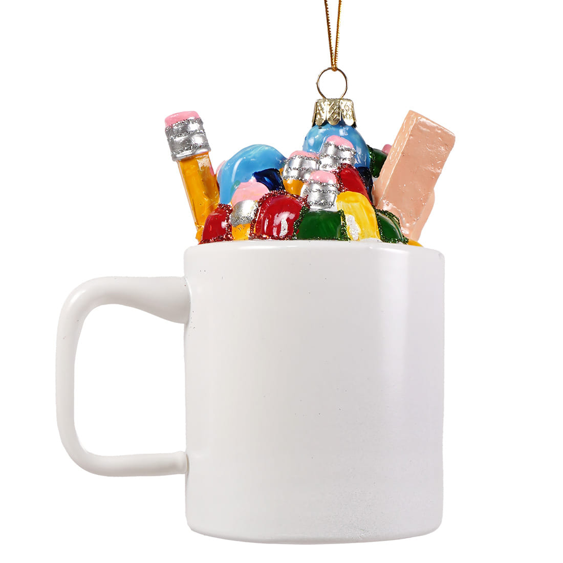 Worlds best teacher white ceramic glass ornament filled with colorful glittery school supplies cody foster ornament