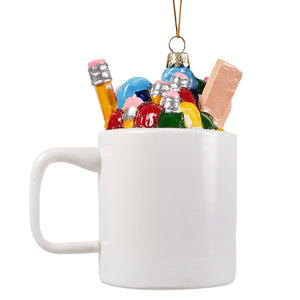 Worlds best teacher white ceramic glass ornament filled with colorful glittery school supplies cody foster ornament