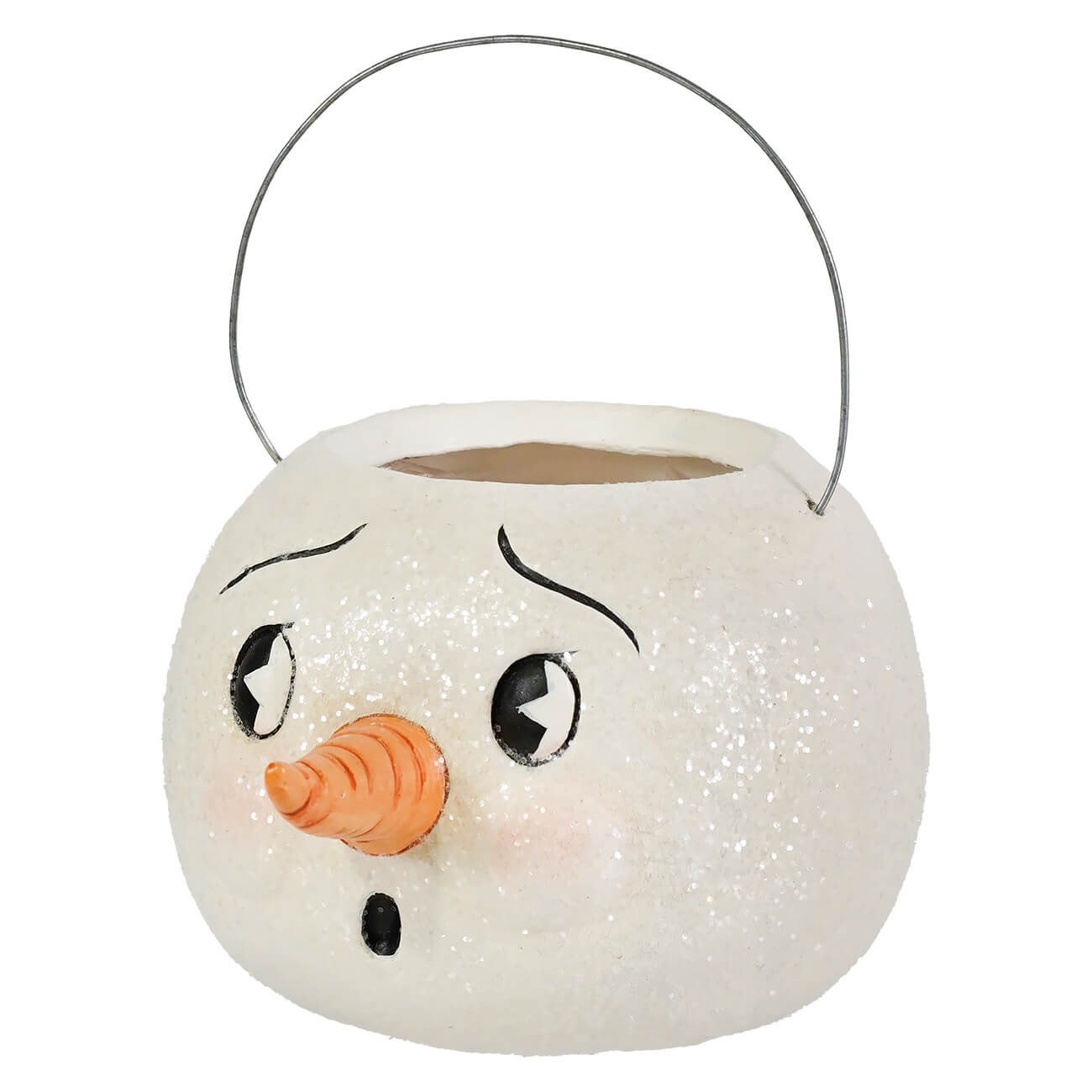 White glittery worried snowman bucket with black eyes orange nose and metal handle snowman container for halloween