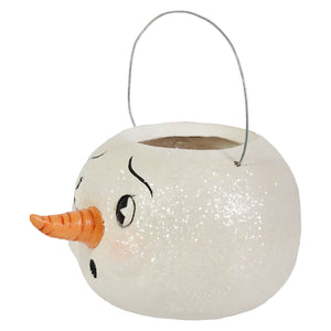 White glittery snowman container with orange carrot nose and wire handle perfect as a jolly bobble snowman christmas bucket