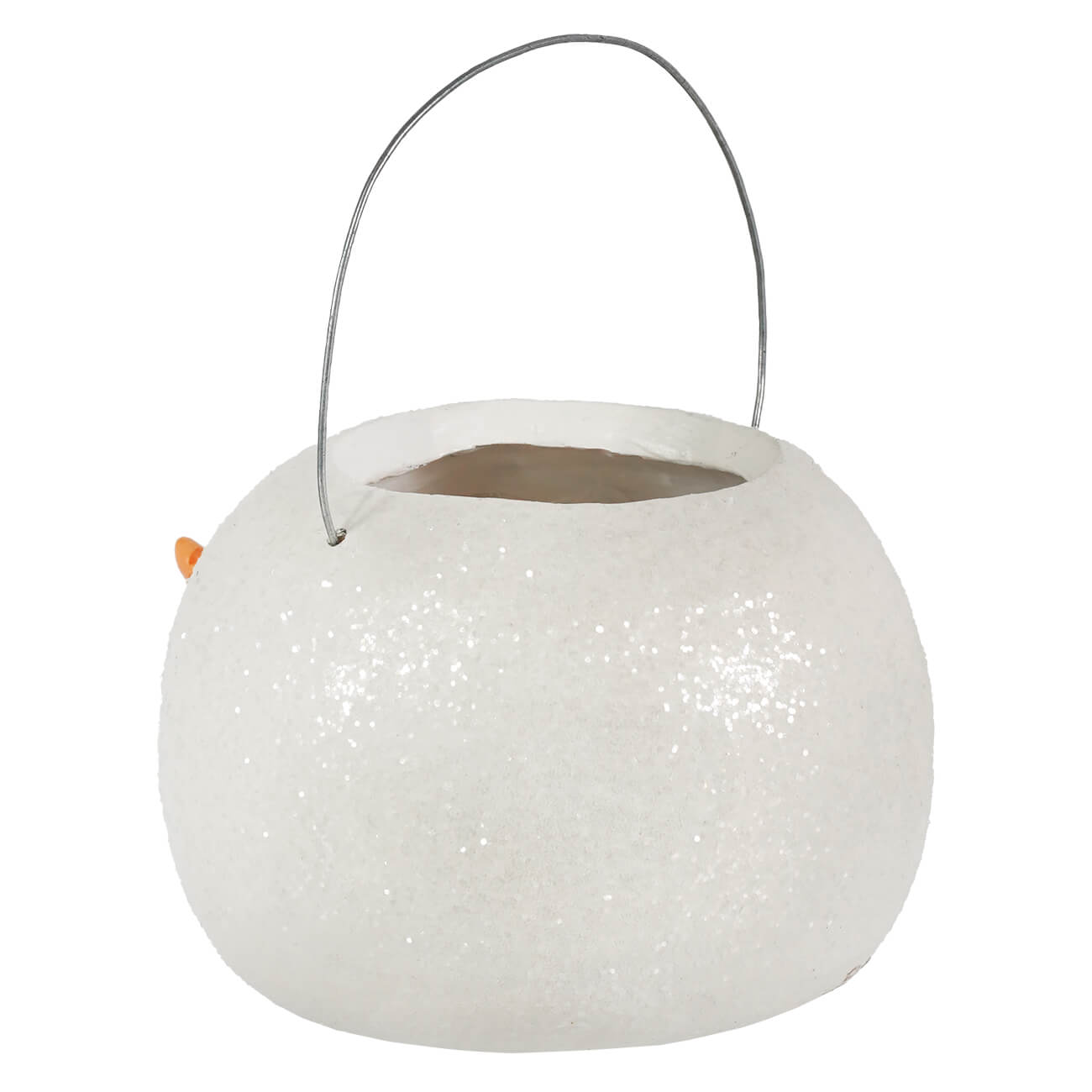 White glittery pumpkin-shaped lantern with silver wire handle and orange stem detail for christmas buckets and lanterns