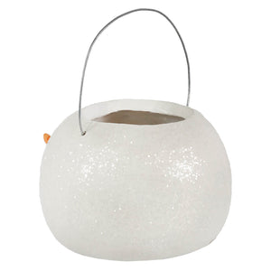 White glittery pumpkin-shaped lantern with silver wire handle and orange stem detail for christmas buckets and lanterns