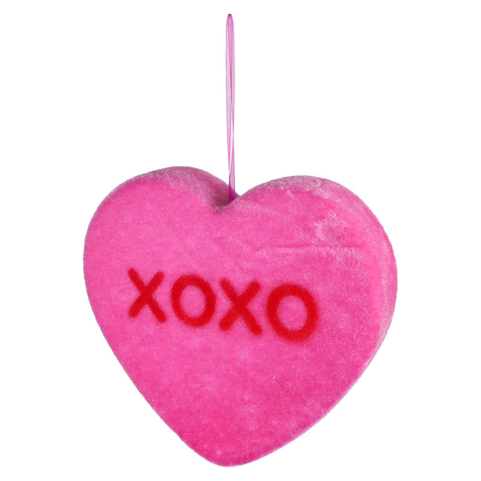 Pink heart-shaped decoration with ’XOXO’ written in red letters.