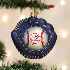 Blue yankees baseball mitt ornament with white baseball and yankees logo perfect christmas glass ornament