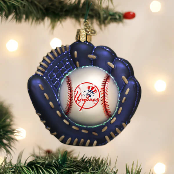 Blue yankees baseball mitt ornament with white baseball and yankees logo perfect christmas glass ornament