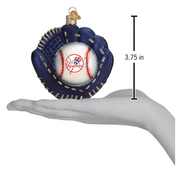 Blue yankees baseball mitt ornament holding a white baseball with red stitching christmas glass ornament
