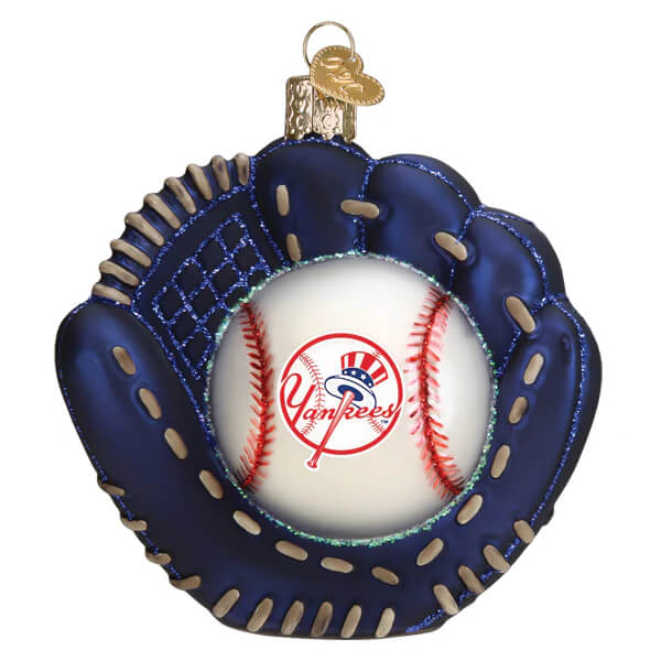 Blue glass yankees baseball mitt ornament shaped like a glove holding a white baseball with red stitching and logo