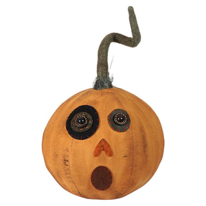 A whimsical yellow canvas rustic pumpkin with button eyes, a triangular nose, and an open mouth decoration