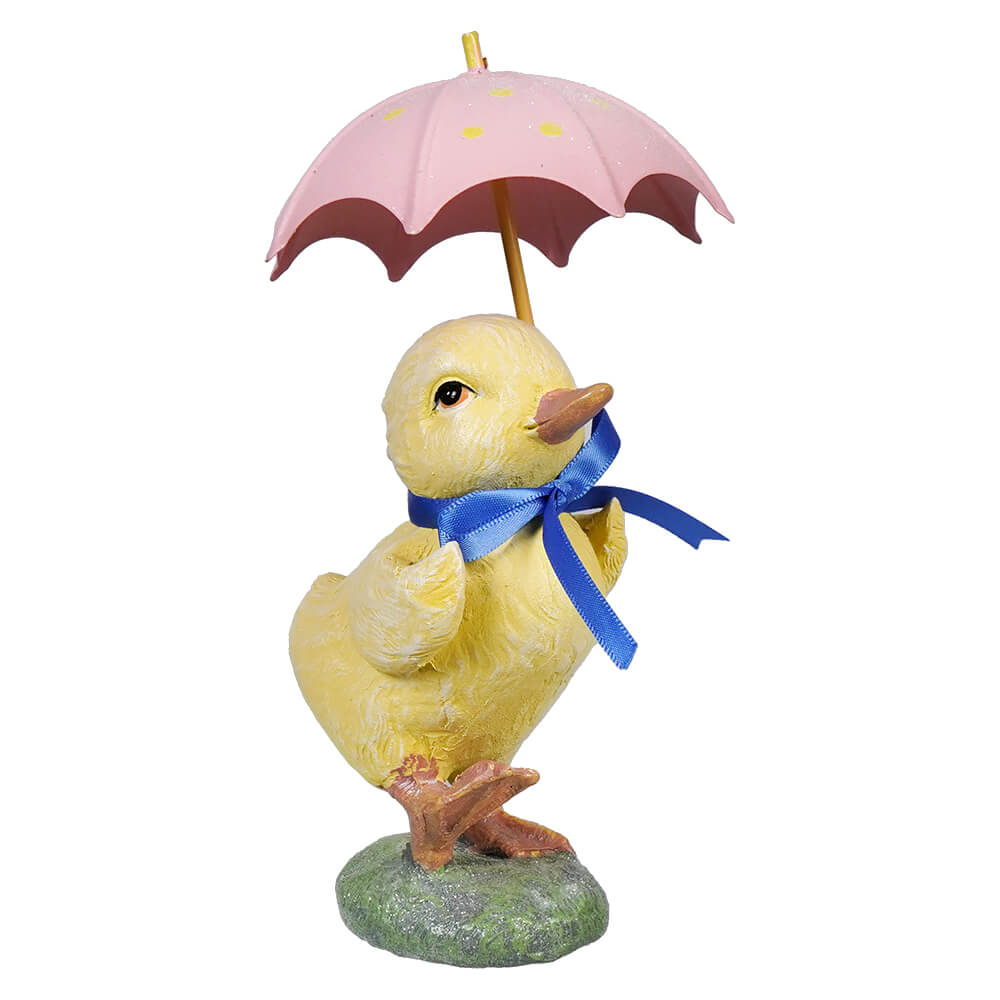 Yellow chick figurine holding pink umbrella with blue ribbon cute collectible decoration