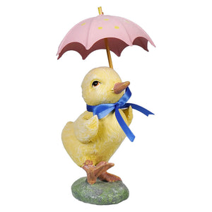 Yellow chick figurine holding pink umbrella with blue ribbon cute collectible decoration