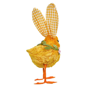 Yellow chick decoration with gingham fabric bunny ears and orange legs.