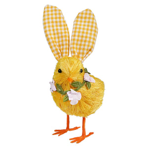Yellow chick decoration with gingham bunny ears and a floral bow.