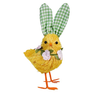 Yellow chick decoration with green gingham bunny ears and orange wire feet.