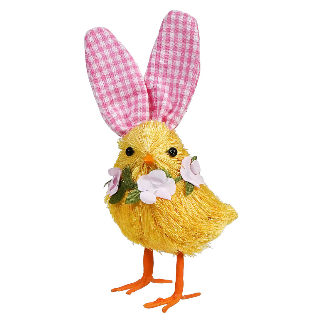 Yellow chick decoration wearing pink gingham bunny ears and a white flower.