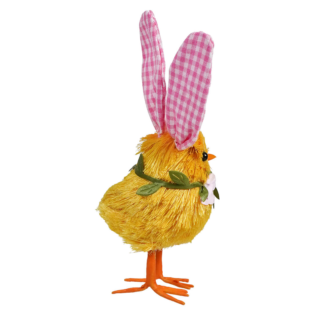 Yellow chick decoration wearing pink gingham bunny ears and a green bow.