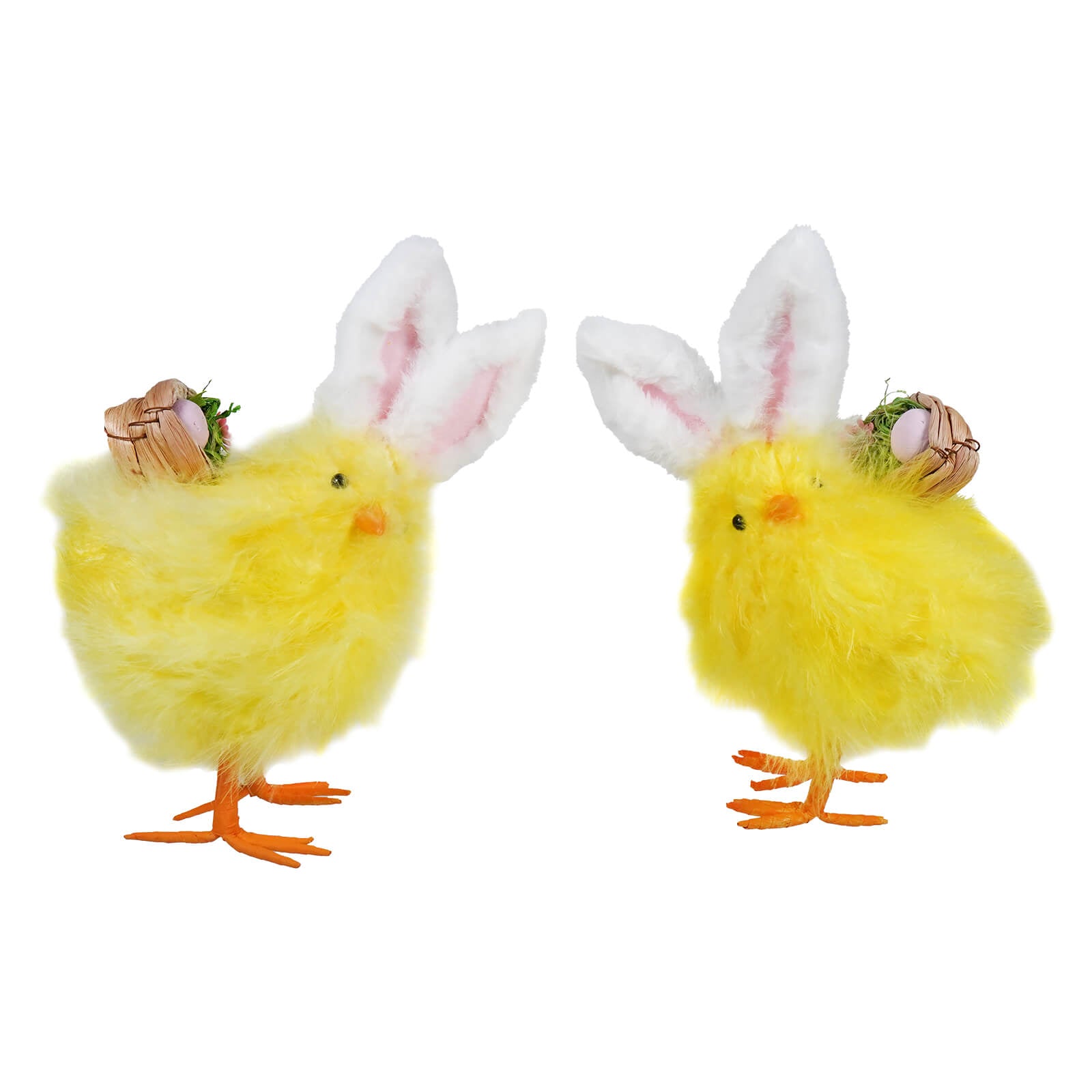 Two yellow chicks wearing bunny ears and tiny baskets.