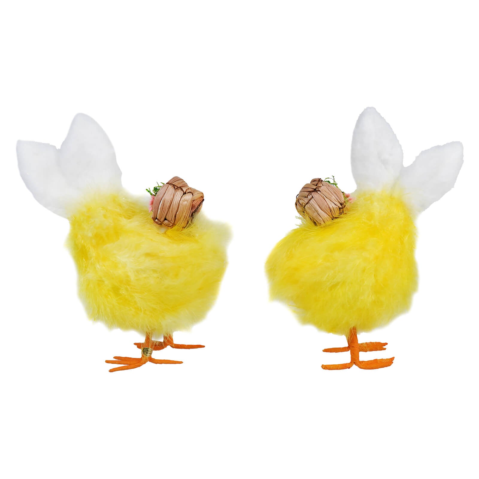 Two decorative yellow chicks made of fluffy material with white feather wings and orange feet.