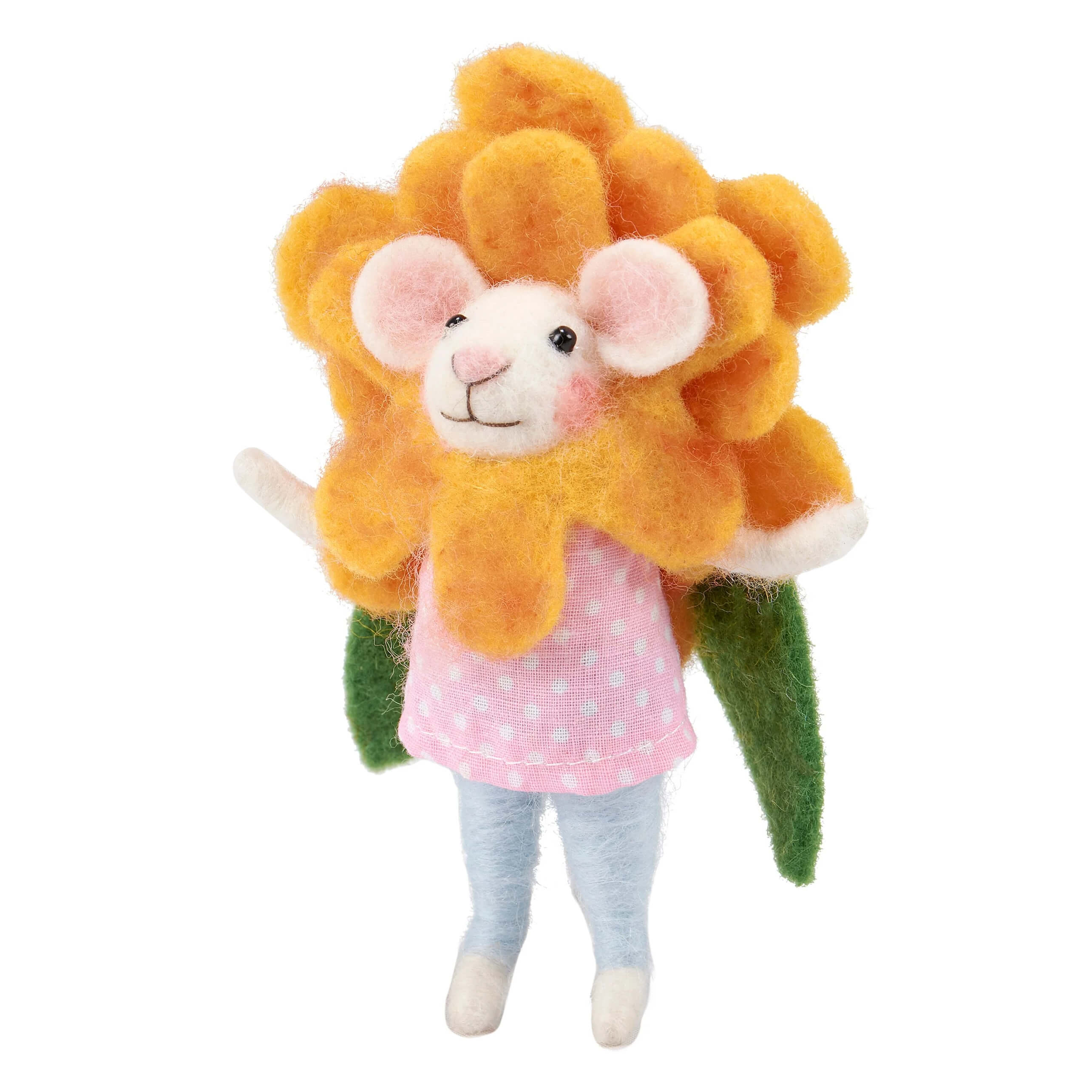 A charming needle-felted mouse critter in pink polka-dot dress with orange flower crown for easter and spring tabletop decor