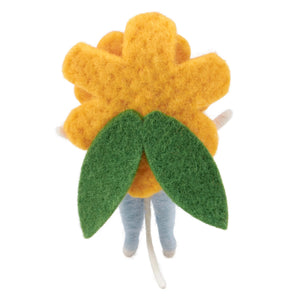 Yellow flower mouse critter felt pin with bright yellow petals and green leaves perfect for easter and spring tabletop decor
